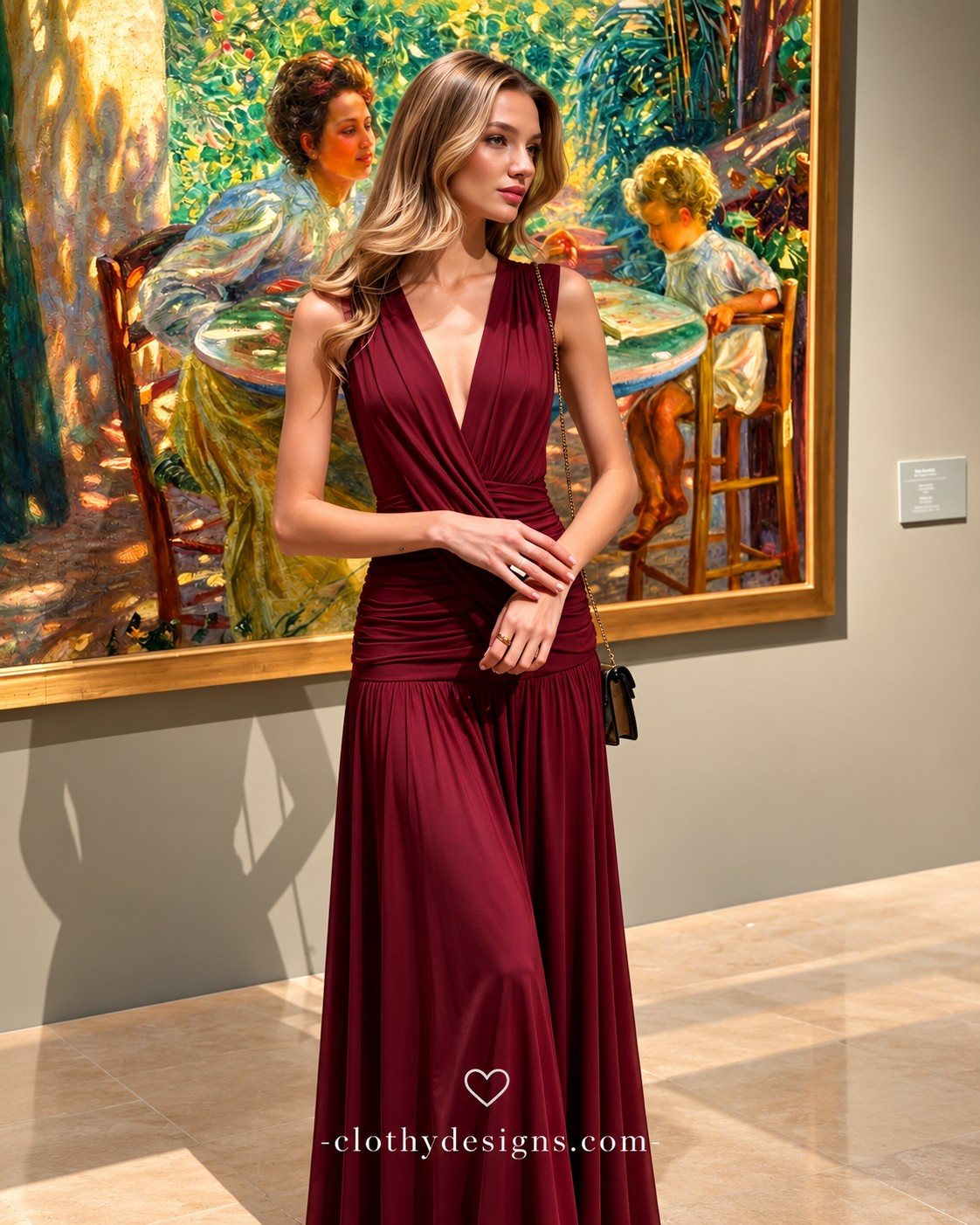 Elegant Cream Maxi Dress for Women – Deep V-Neck Draped Shoulder Ruched Evening & Cocktail Party Dress